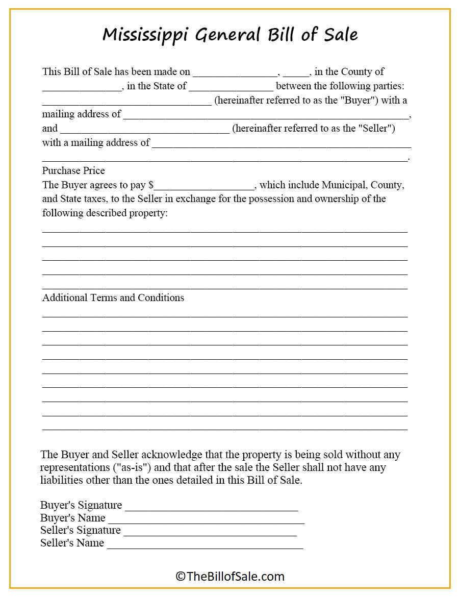 Mississippi Bill of Sale Form for General, Car, Vehicle & DMV [PDF]