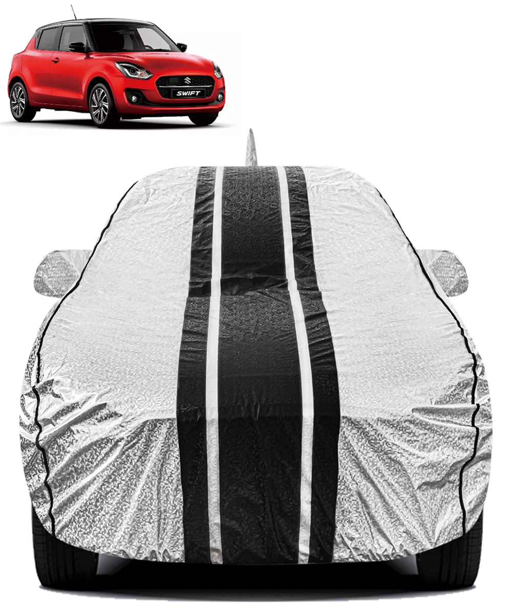 Buy Metallic Silver & Black Stripes Waterproof Car Body Cover for Maruti Suzuki Swift New Online